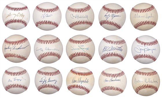 Lot of (15) Single Signed Baseballs by Deceased Hall of Famers - All Signed on Sweet Spot Including Berra, Drysdale & Boudreau (PSA/DNA & JSA)